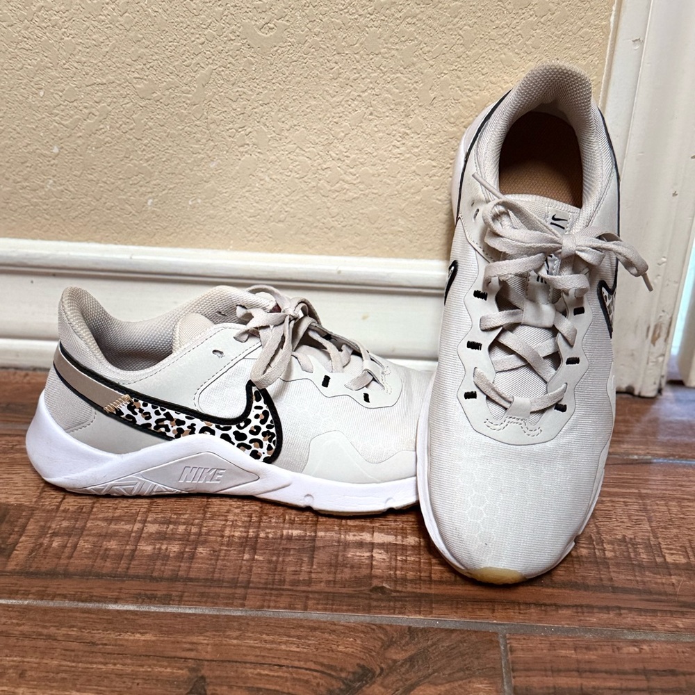 Nike White and Black Sneakers with Leopard Detail